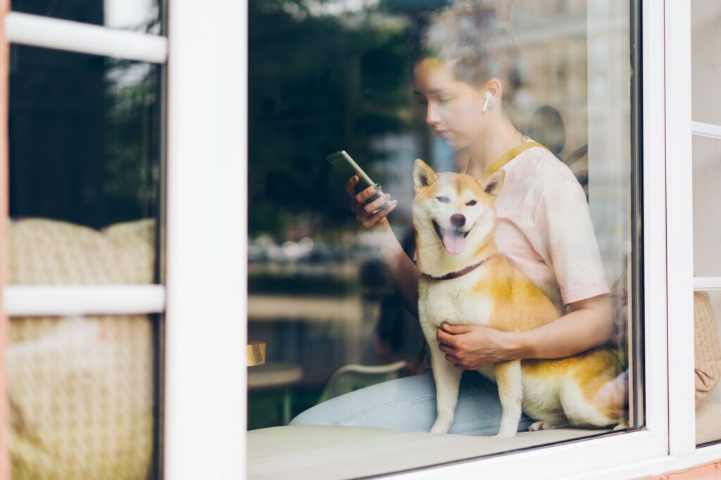 Tutora usando o WhatsApp para solicitar atendimento automatizado para pet shop com o cachorro ao lado