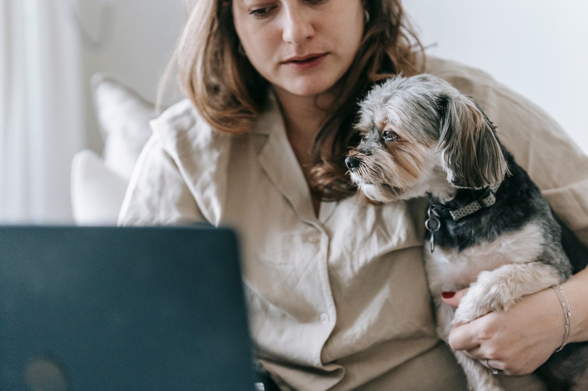 dona pet shop notebook cachorro em CRM para Pet Shop: Como Organizar Clientes e Agendamentos em Kanban Dona de pet shop usando notebook com o cachorro no colo para acompanhar clientes no CRM